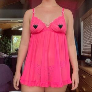 Victoria’s Secret chiffon babydoll lingerie slip ruffle hot pink sexy medium